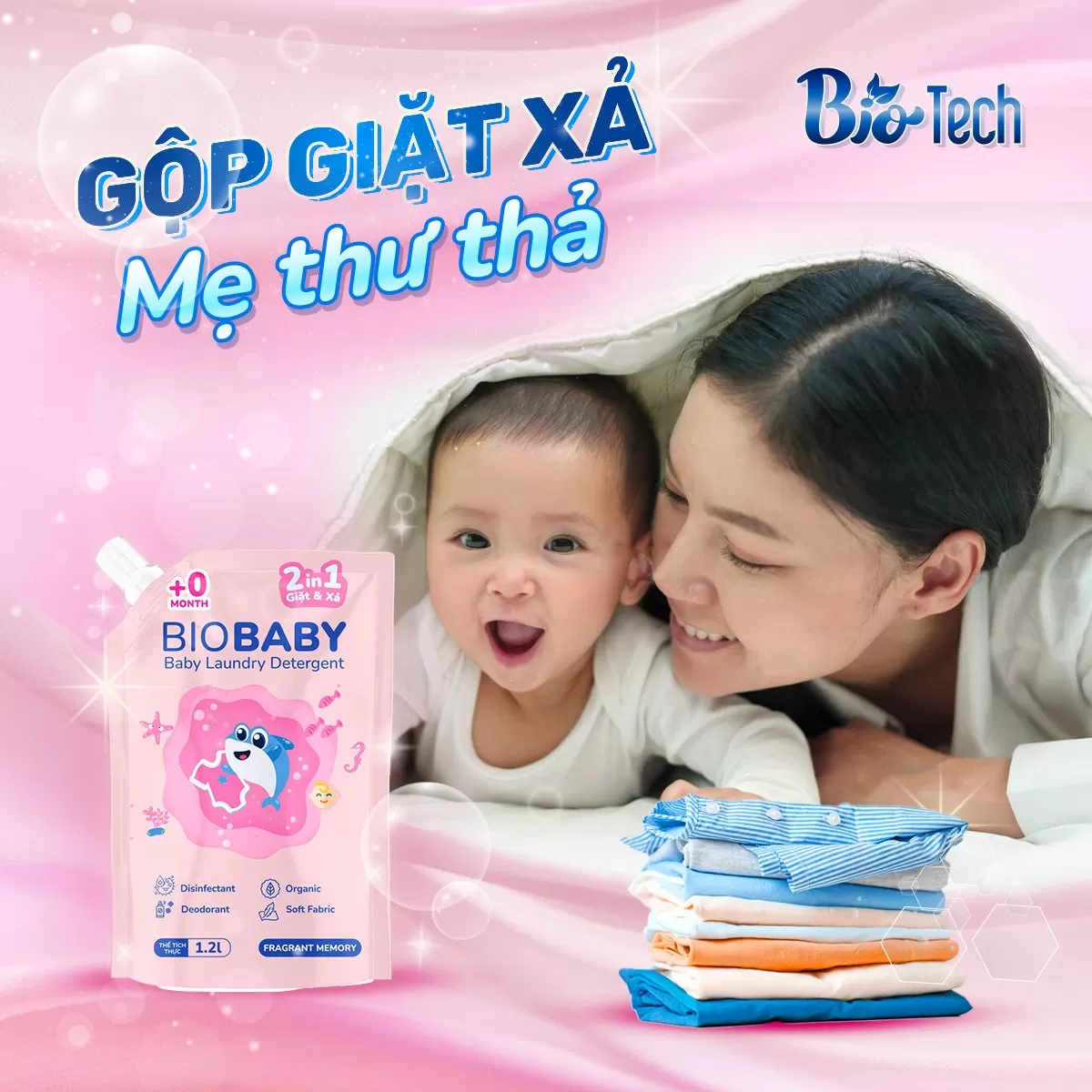 Mua 1 túi Giặt Xả BioBaby 1200ml TẶNG: - 1 túi Giặt Xả BioBaby 1200ml - 1 túi Giặt Xả BioClean TÍM 500ml