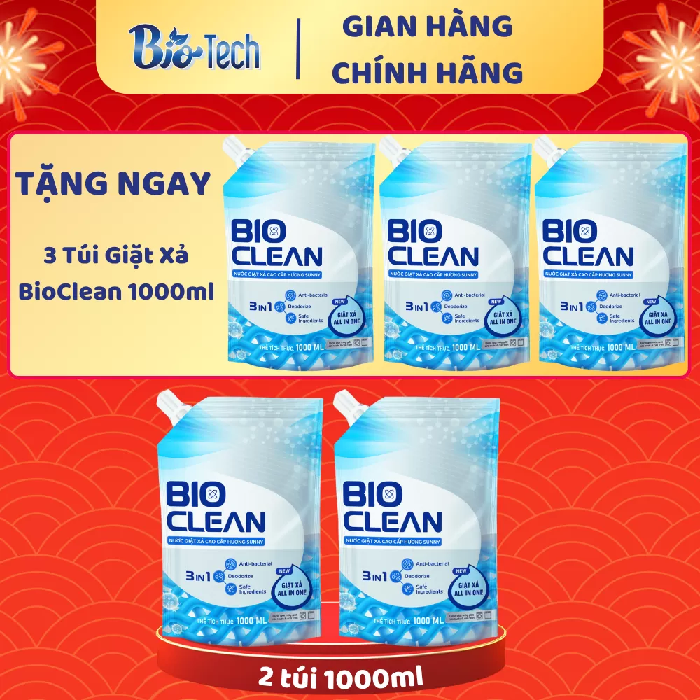 COMBO 2 Nước Giặt Xả BIO-CLEAN XANH Cửa Trước & Cửa Trên 1000ML *2 Tặng 3 Túi Nước Giặt Xả BioClean XANH 1000ML *3 - Mẫu mới