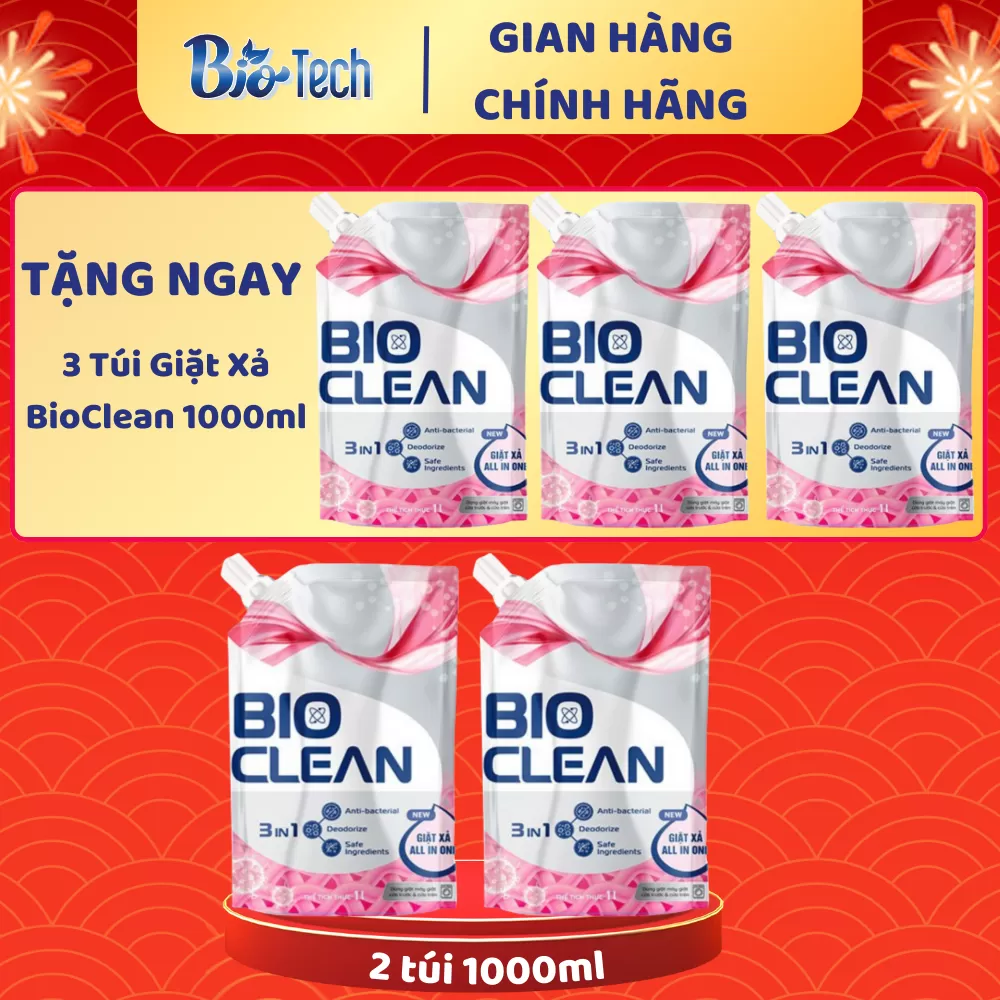 COMBO 2 Nước Giặt Xả BIO-CLEAN HỒNG Cửa Trước & Cửa Trên 1000ML *2 Tặng 3 Túi Nước Giặt Xả BioClean HỒNG 1000ML *3 - Mẫu mới