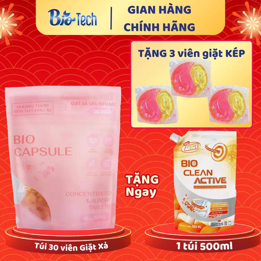 Mua 1 Túi Giặt Xả Biocapsule 30 viên KÉP tặng: - 1 Túi Giặt Xả BioClean CAM 500ml - 3 viên Giặt Xả Biocapsule KÉP
