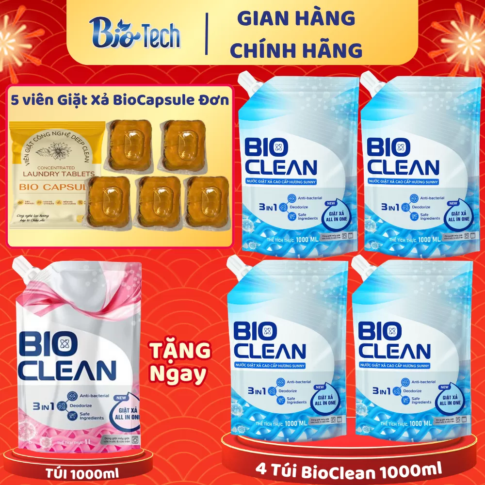 Mua 1 túi Giặt Xả BioClean HỒNG 1000ml TẶNG: - 4 túi Giặt Xả BioClean XANH 1000ml - 5 viên giặt xả BioCapsule ĐƠN