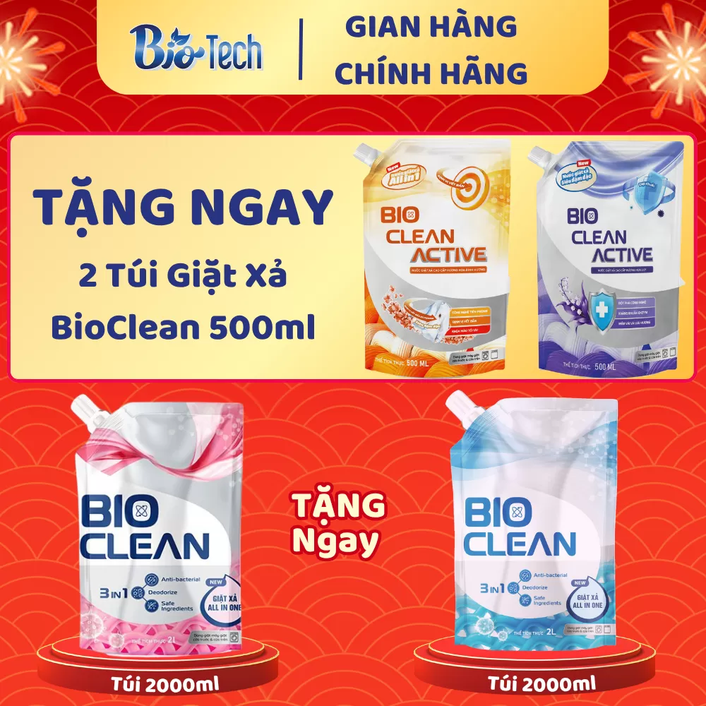 Mua 1 túi Giặt Xả Bioclean HỒNG 2000ml TẶNG: - 1 túi Giặt Xả BioClean XANH 2000ml - 2 túi Giặt Xả BioClean CAM - TÍM 500ml