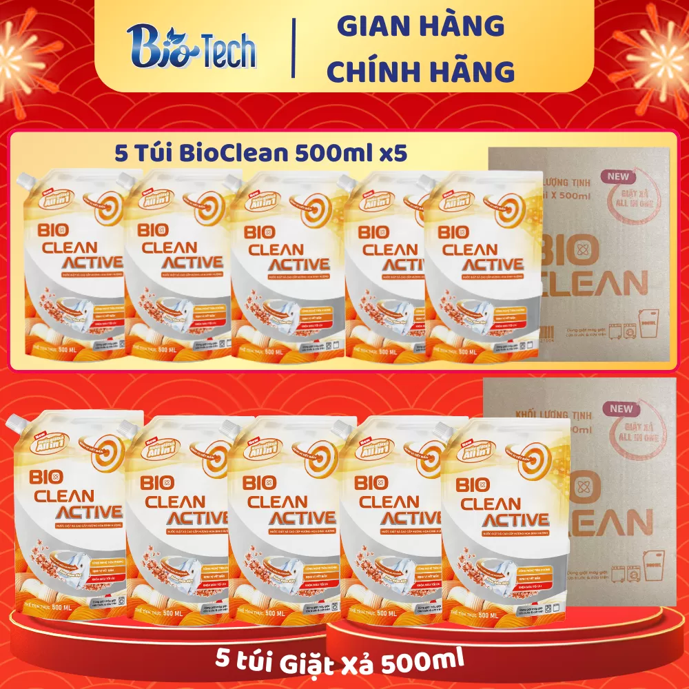 Mua 5 túi nước Giặt Xả Bioclean Active CAM hương hoa đinh hương 500ml TẶNG: - 5 túi nước Giặt Xả BioClean Active CAM 500ml