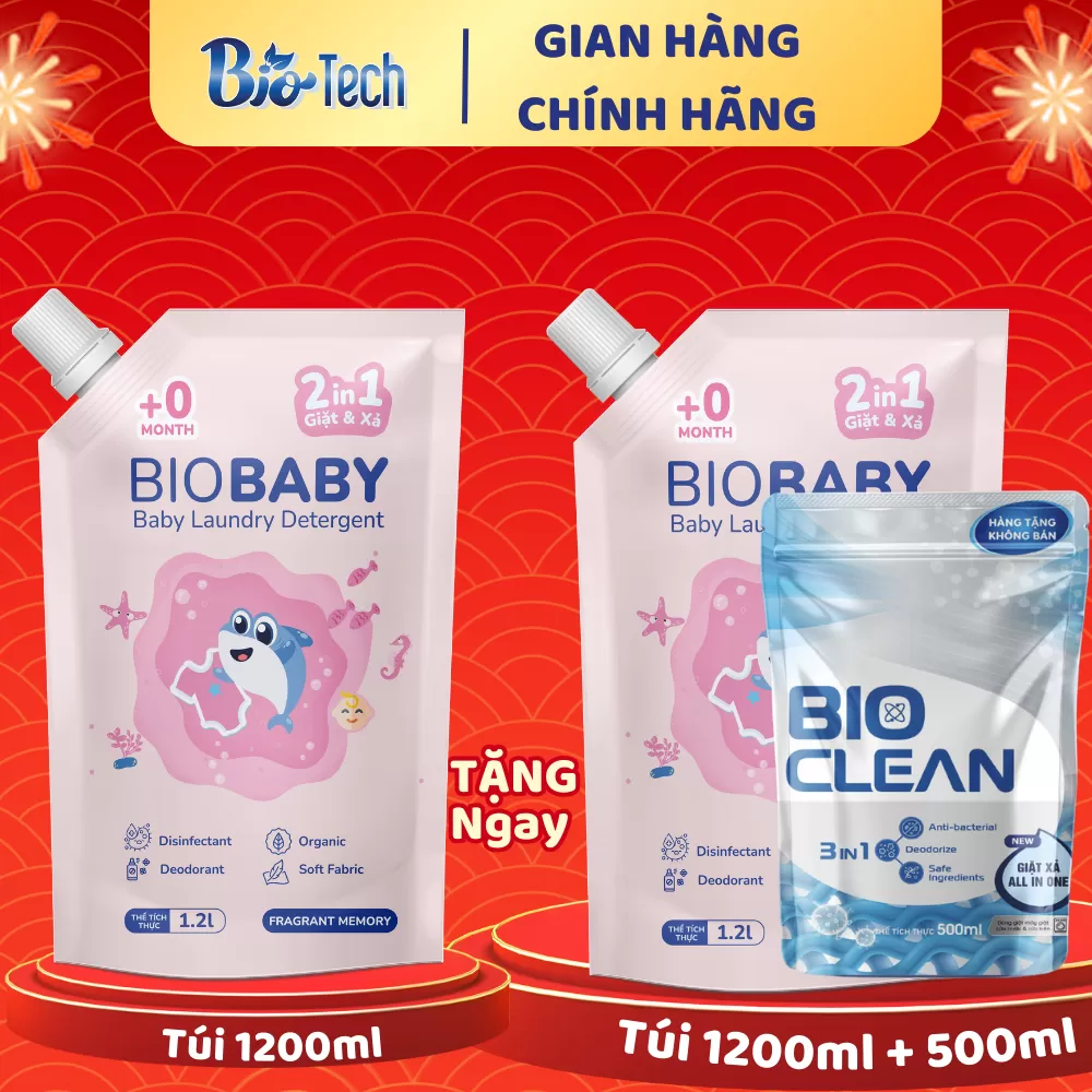 Mua 1 túi Giặt Xả BioBaby 1200ml TẶNG: - 1 túi Giặt Xả BioBaby 1200ml - 1 túi Giặt Xả BioClean TÍM 500ml