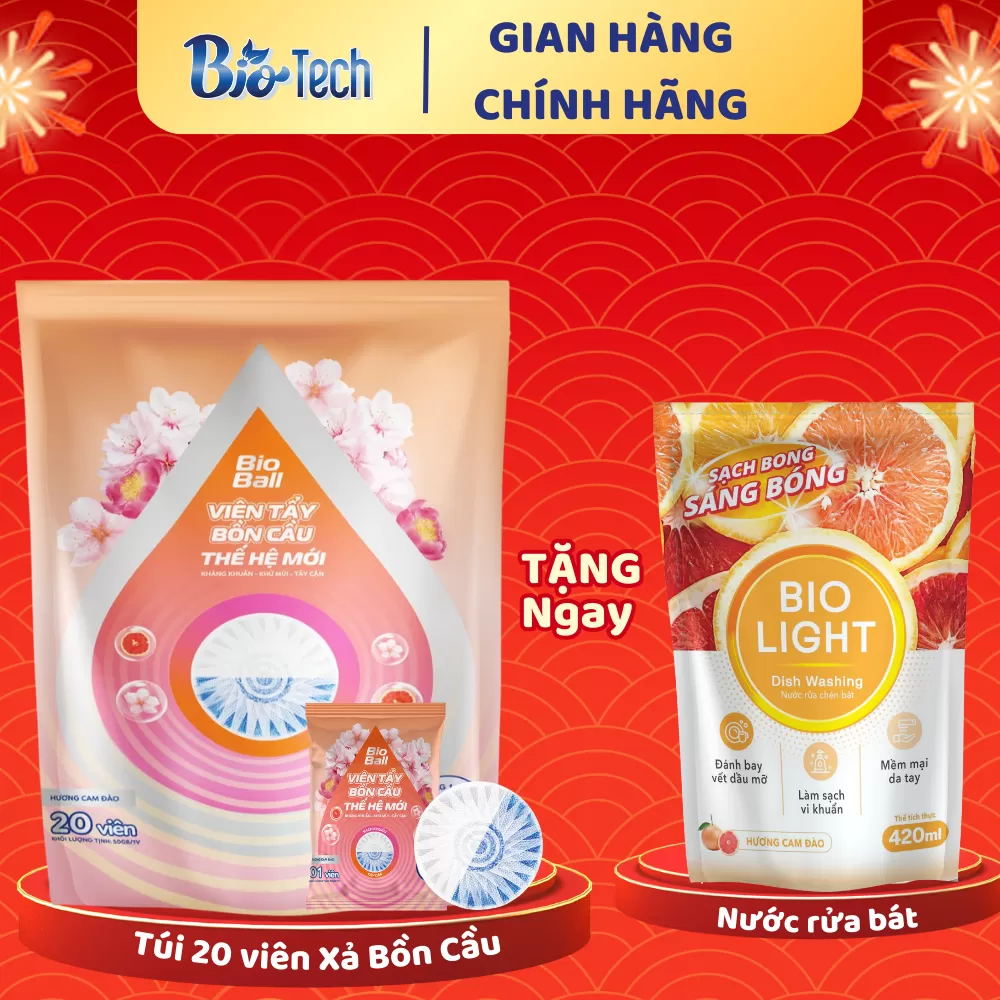 Mua 1 túi viên thả bồn cầu BioBall 20 viên TẶNG - 1 túi nước Rửa Bát BioLight 420ml