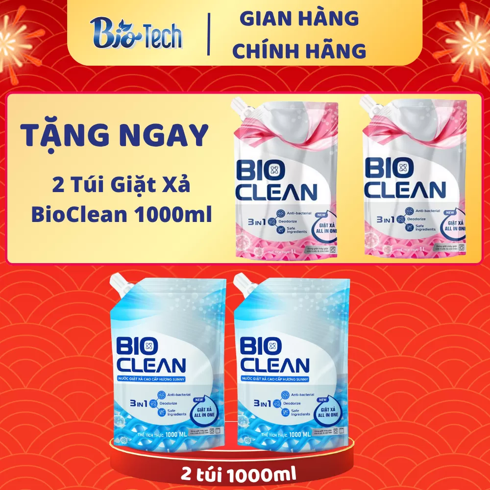 COMBO 2 Nước Giặt Xả BIO-CLEAN XANH Cửa Trước & Cửa Trên 1000ML Tặng 2 Túi Nước Giặt Xả BioClean HỒNG 1000ML - Mẫu mới