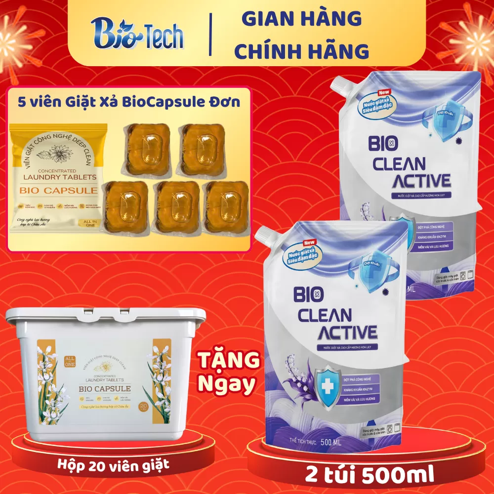 Mua 1 Hộp Giặt Xả BioCapsule 20 viên đơn tặng: - 2 túi Giặt Xả BioClean TÍM 500ml - 5 viên giặt xả BioCapsule đơn