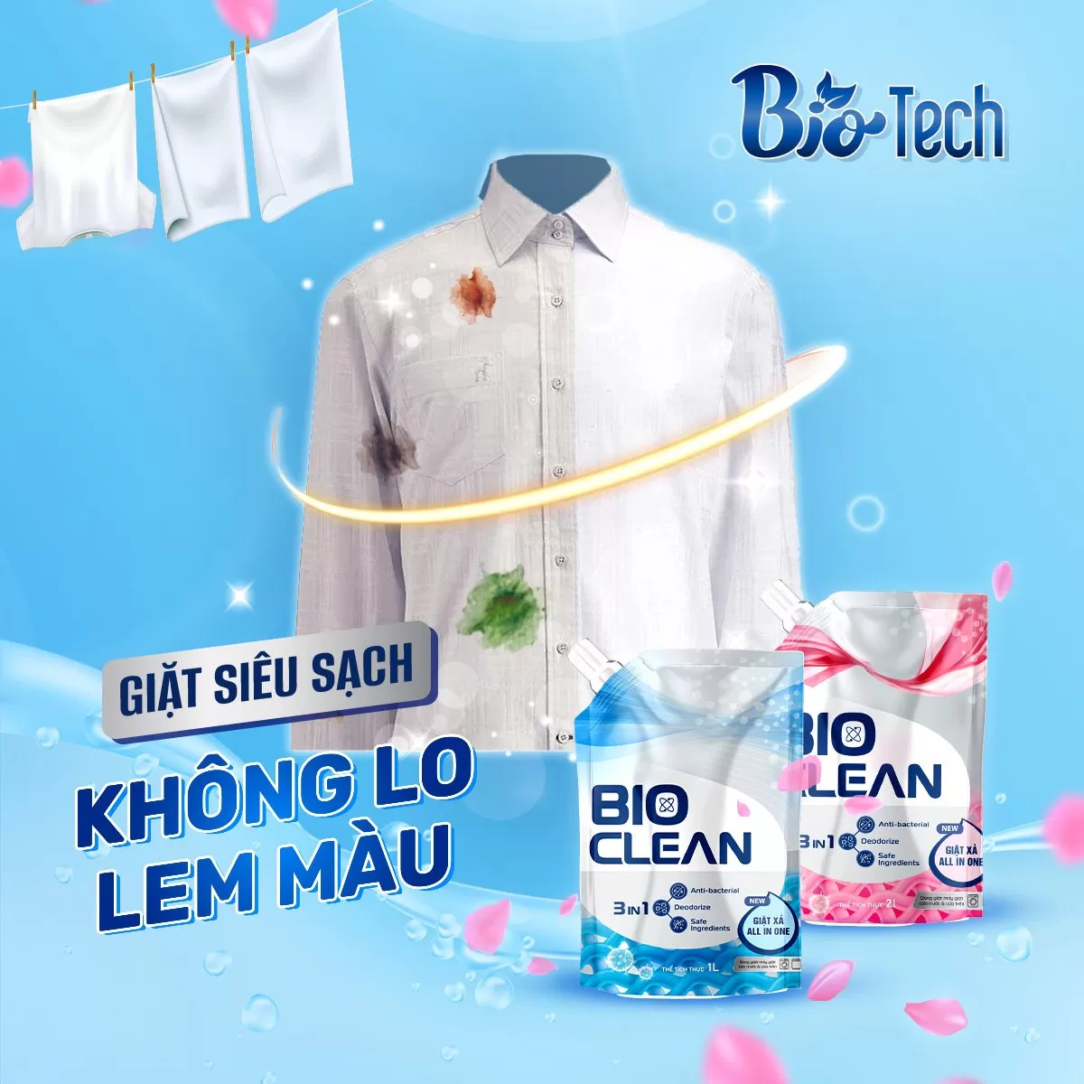 COMBO 2 Nước Giặt Xả BIO-CLEAN XANH Cửa Trước & Cửa Trên 1000ML *2 Tặng 3 Túi Nước Giặt Xả BioClean XANH 1000ML *3 - Mẫu mới